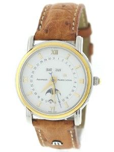 Authentic Maurice Lacroix 37757 Moon Phase 18K Y Gold Bezel Leather
