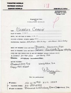 Shadows Fog Actor Charles Cragin Signed Theatre World Biography Form