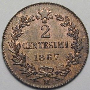 2346 Italy 1867 M 2 Centesimi Select Uncirculated 10 Red