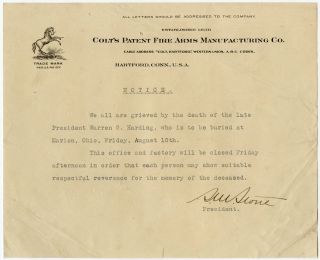 1923 Colt Fire Arms Mfg Co Hartford Ct Notice of Warren G Hardings