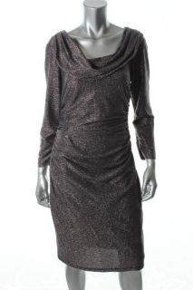 David Meister New Silver Metallic Cowl Neck Ruched 3 4 Sleeve Cocktail