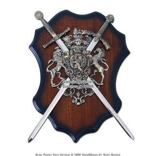 Lion Crest Coat of Arms w Two Medieval Crusader Swords