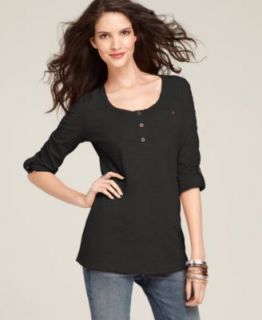 Style&co. Petite Top, Three Quarter Sleeve Ruched Cotton Tee