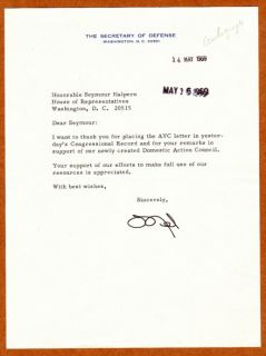 Defense Secretary Melvin Laird 1969 Hand Signed Letter