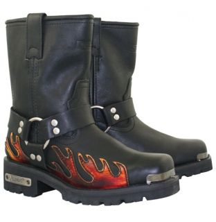Mens Flame Harness Motorcycle Biker Black Leather Boots