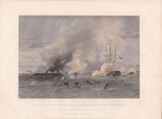 Virginia Naval Battle Monitor and Merrimac 1863 Hand Colored