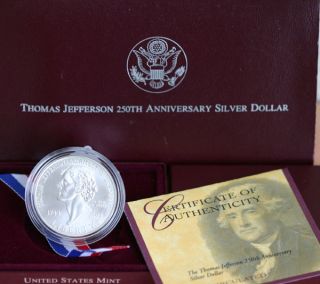 1993 Thomas Jefferson 250th Anniversary BU UNC Silver Dollar Coin US