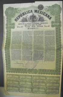 Mexico Republica Mexicana Bond of 195 Pesos 1910 Uncancelled with