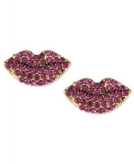 Betsey Johnson Earrings, Antiqued Gold Tone Pink Crystal Lips Stud