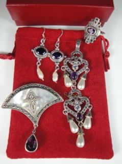 Sterling Silver Set Brooch Pendant Earrings Ring Marcasite Pearl MOP