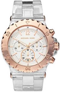Michael Kors MK5444 Chronograph Watch Clear Plastic Band MOP Dial 43mm