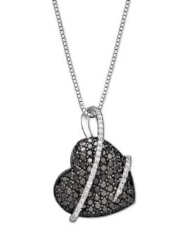 Sterling Silver Necklace, Black and White Diamond Heart Pendant (1 ct