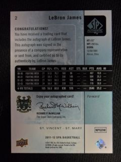 2011 12 SP AUTHENTIC LEBRON JAMES AUTO CARD #2 MIAMI HEAT SP MVP NBA