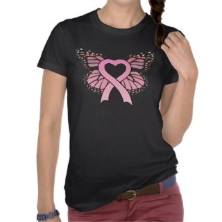 Pink Ribbon Heart Butterfly Ladies Black T Shirt