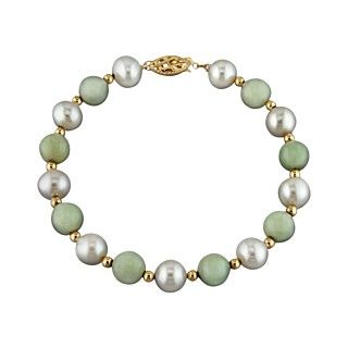 14k Gold Jewelry Set, Cultured Freshwater Pearl and Jade Jewelry Set