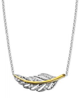 Diamond Necklace, 14k Gold and Sterling Silver Diamond Feather Pendant