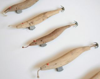 10 Antique Japanese EGI Wooden Shrimp Lures for Squid Fishing Mingei
