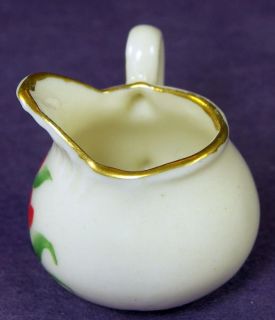 Miniature Porcelain HAND PAINTED PITCHER Flowers Gilded Rim 1.25 tall