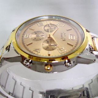 New Mens Gents Gold Japan Quartz Stainless Steel Watch