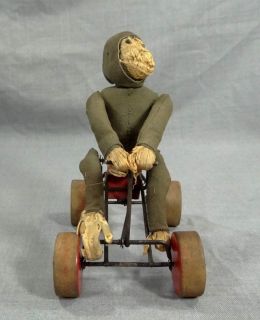 Steiff Record Peter Straw Stuffed Monkey Pull Toy on Wheels