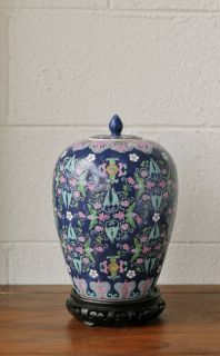 Chinese Porcelain Famille Rose on Blue Ground Jar with Lid