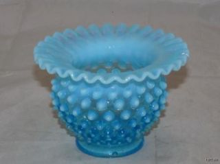Vintage Fenton Opalescent Blue Hobnail 3 5 8 Ruffled Round Vase 1940s