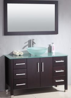 48 inch Modern Bathroom Glass Wood Vanity Vessel Sink Faucet Mirror