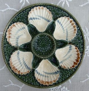 Fabulous French Antique Longchamp Majolica Basket Weave 6 Oyster Plate