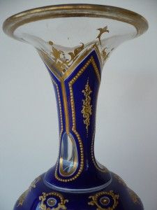 Antique Blue Gold Enamel Overlay Bohemian Glass Vase