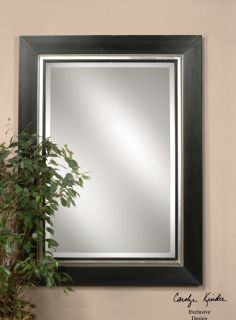 Large Black Solid Wood Frame Beveled Wall Mirror Silver Leaf Beaded