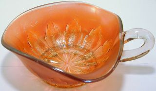 Vintage Dugan Leaf Rays Marigold Carnival Glass Handled Nappy Bowl