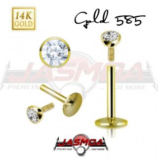 Labret Gold 585 / 14 Karat Stab 1,2mm mit Kristall 2mm Piercing