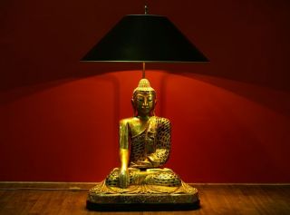 BUDDHA LAMPE LEUCHTE 100cm HOLZBUDDHA 24 KARAT BLATT GOLD BLATTGOLD