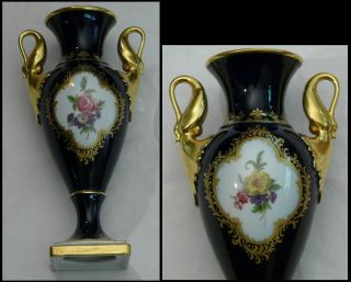 Porzellan gr. Vase Royal Kobalt Gold Schwanenhenkel 28,5cm