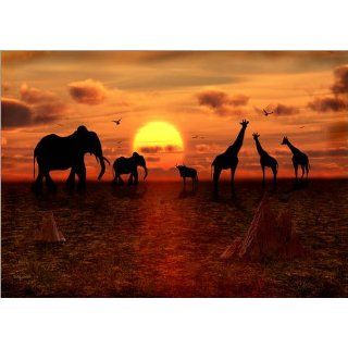 Leinwandbild 40 x 30 cm   Sonnenuntergang in Afrika mit Elefanten