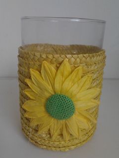 Glas mit Blume Bast gross Dekoglas Teelicht Windlicht in verschiedenen