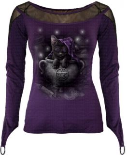Gothic Top T Shirt Bluse Longsleeve Longshirt Katze Wicca Hexe lila XL