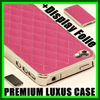 iPHONE 4 4S LUXUS LEDER CHROM Pink COVER + Folie Tasche Case Etui