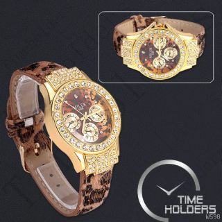 Neu Leopard Quarz Damen Analog Armband Uhr *MIT STRASS*