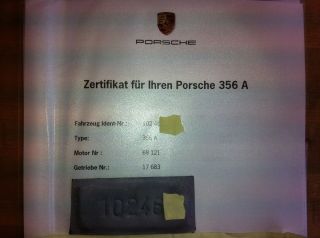 Porsche 356 A Brief Geburtsurkunde Motor Lenkrad Getriebe Tank