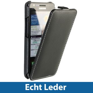 Schwarz Echtes Leder Tasche fuer Samsung i9100 Galaxy S2 SII Huelle