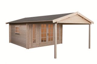 Gartenhaus Modell 3839L, 380 x 380 cm und 300cm Vordach, Blockhaus mit