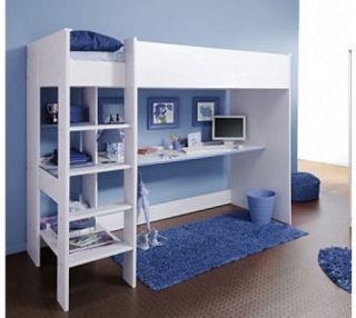 Hochbett Kinderbett Smoozy Weiss mit Schreibtisch+Ablagen 206x