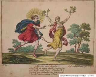c1750 Apollo und Daphne Kolorierter Kupferstich Antike Mythologie