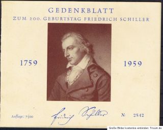 Berlin MiNr 190 auf Gedenkblatt Friedrich Schiller Auflage 7500