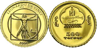 B503 Mongolei 500 Togrog 2006 Leonardo Da Vinci GOLD 999/1000