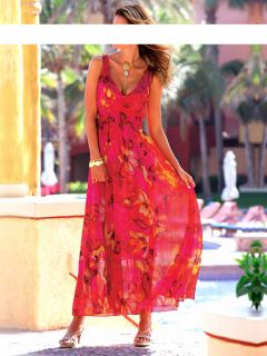TOGETHER Chiffon Druck Kleid Rot Pink Multicolor