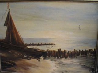 Ölgemälde   Fischerboot am Strand Seestück mit Mole u Möwen