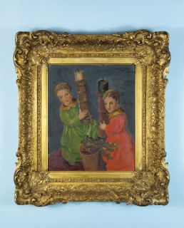 Weihnacht 1943 Gemälde Öl Ölgemälde Kerzenkinder 2 Mädchen mit