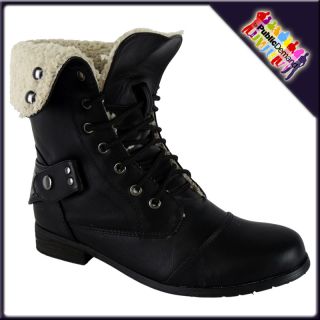 LADIES BLACK TURN OVER FLAT ANKLE MILITARY BOOTS SZ 3 8